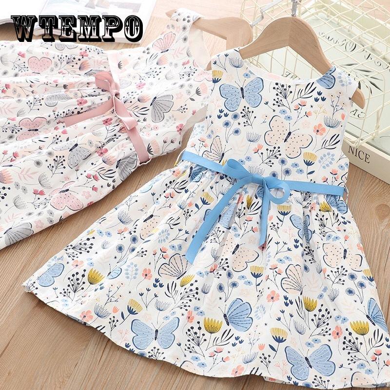 Платье принцессы для девочек, летнее детское платье для девочек, милые детские праздничные костюмы с цветочным принтом, костюм бабочки, детская одежда