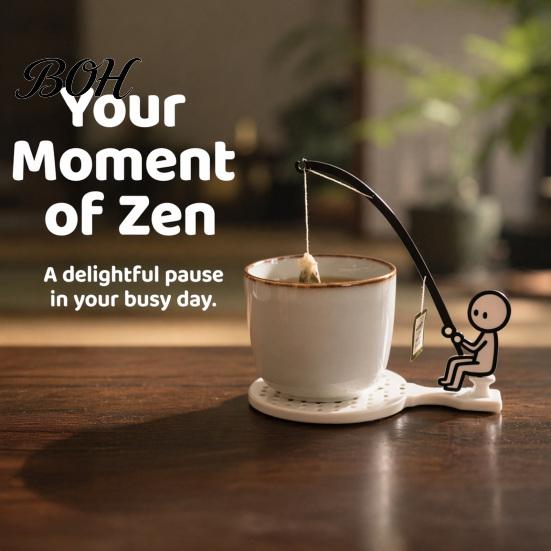 Portable Tea Bag Drip Catcher Fishing Man Holder with Coaster, Cute Stick Figure Minimalist Clip Holder, Funny Desk Cup Catcher, Novelty Accessory for