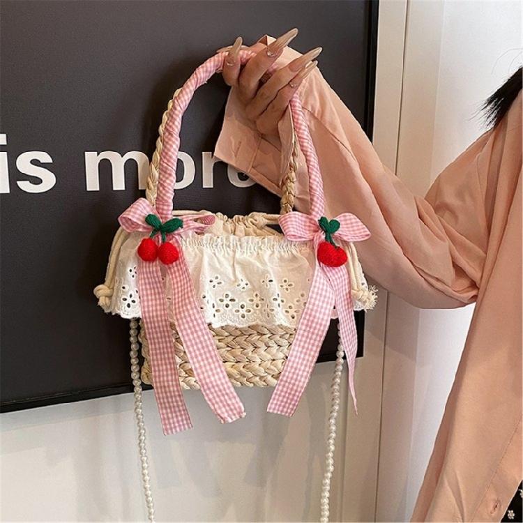 Cute Bowknot Woven Straw Handbag Beach Ruffle Lace Pearl Chain Crossbody Bag