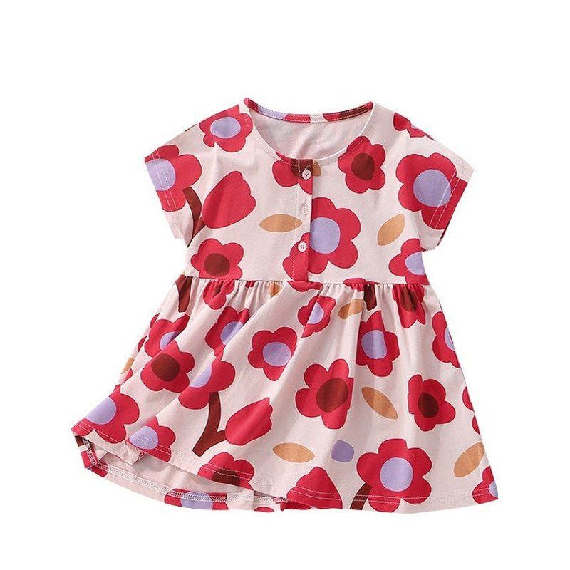 Girls' Red Floral Short-Sleeved Dress Baby Pure Cotton Casual Skirt Kidsren's Summer Dress Fashionable Floral Princess Dress