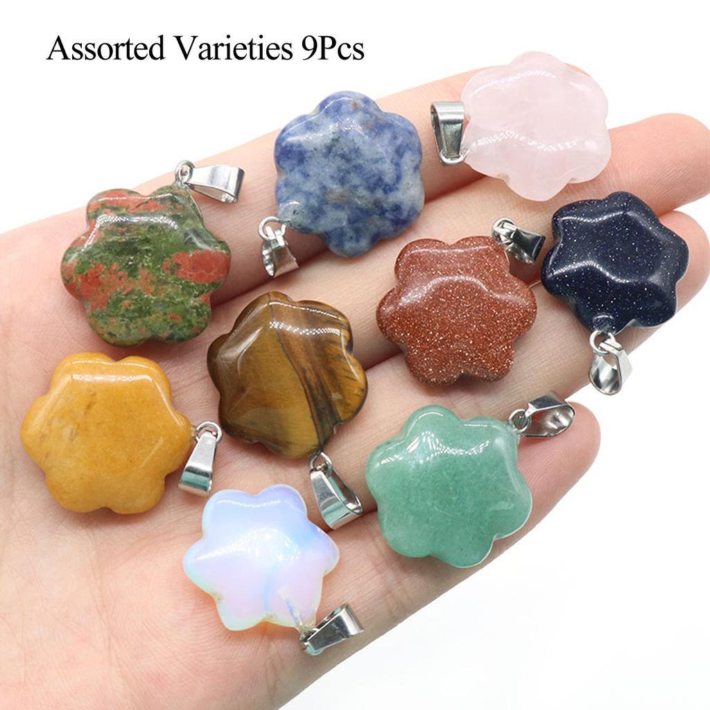 9Pcs, Elegant Flower Crystal Pendant Necklace, Natural Stone Jewelry for Women | Boho Chic DIY Craft | Healing Crystal Energy, Quartz Gems Charms 20mm