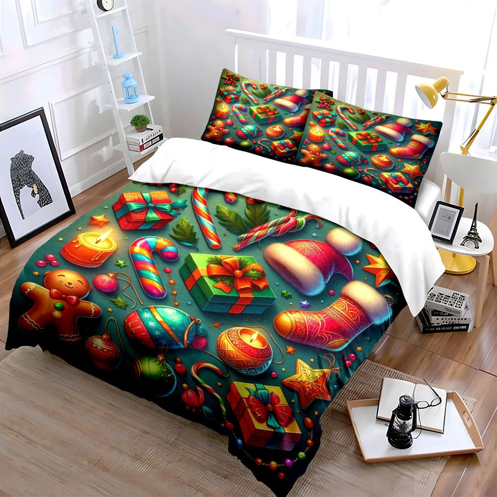 Candy canes, gifts, ornaments. Bedding sets Duvet cover sets Duvet covers Pillowcases(1*Duvet Cover 2*Pillowcases without duvet insert)