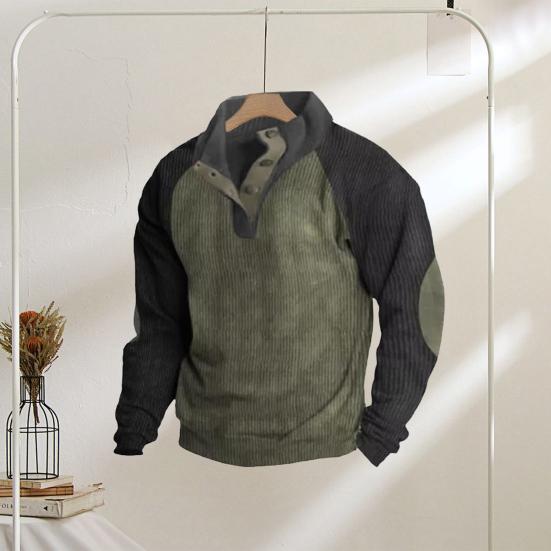 Весна Осень Мужская Толстовка Цветные Блоки Пэчворк Ретро Стиль Полуоткрытый Воротник-стойка Топ Плюс Размер Свободный