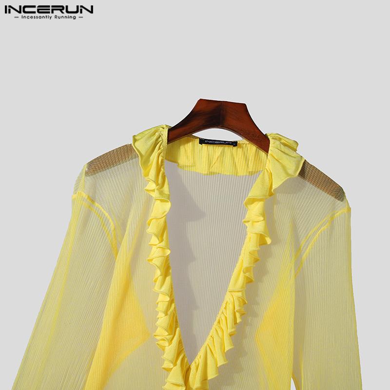 INCERUN Мужские рубашки с глубоким V-образным вырезом и длинным рукавом, оборками и сетчатыми вставками, прозрачные топы