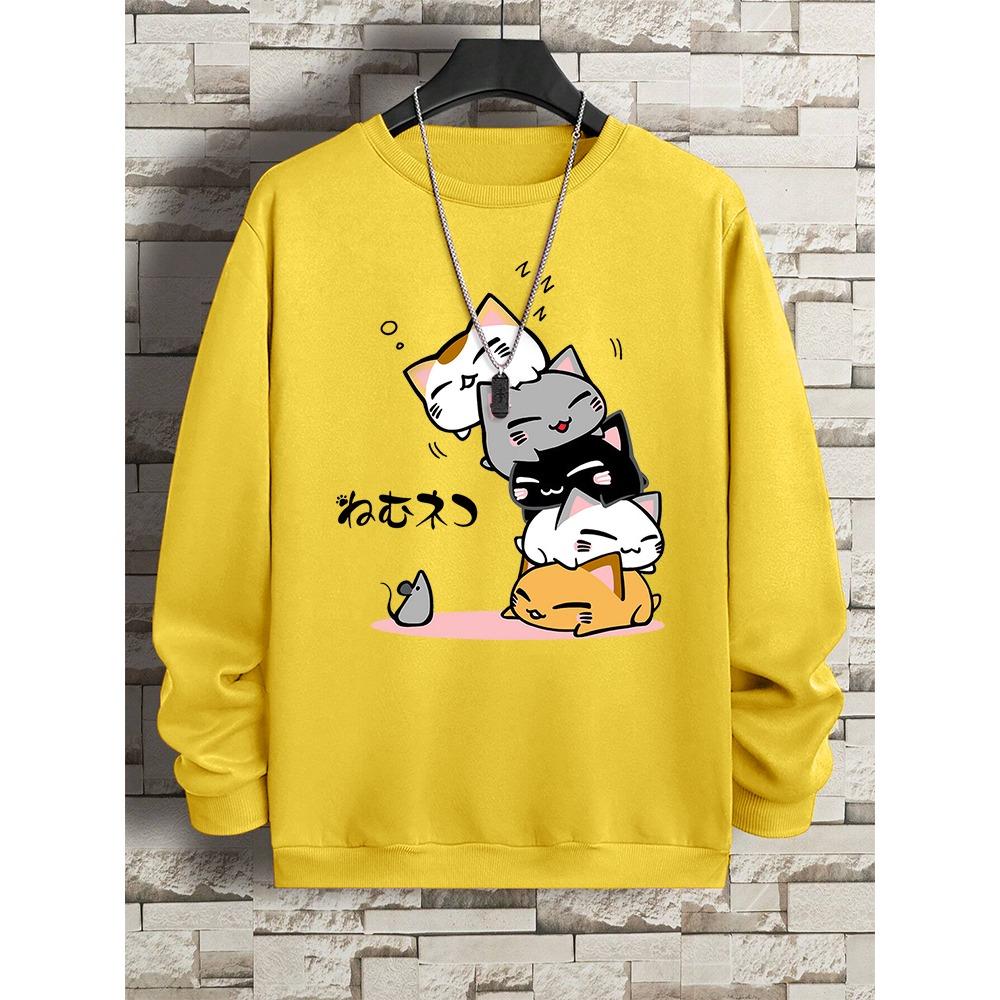 Милые кошки, одежда для сна, мужская толстовка с капюшоном и круглым вырезом, винтажные повседневные свободные толстовки с капюшоном, свободная одежда