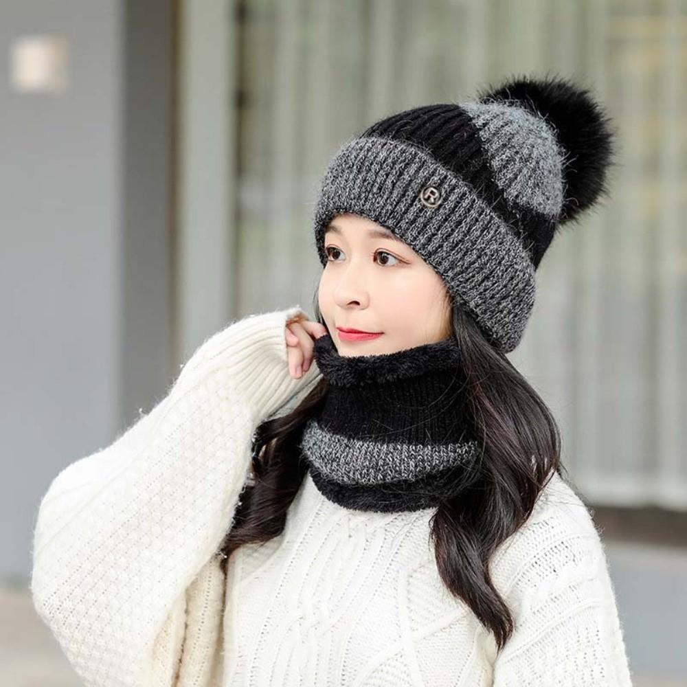 Contrast Color Winter Pullover Cap Plush Ball Beanie Hat Dome Hat Compact Scarf Gifts