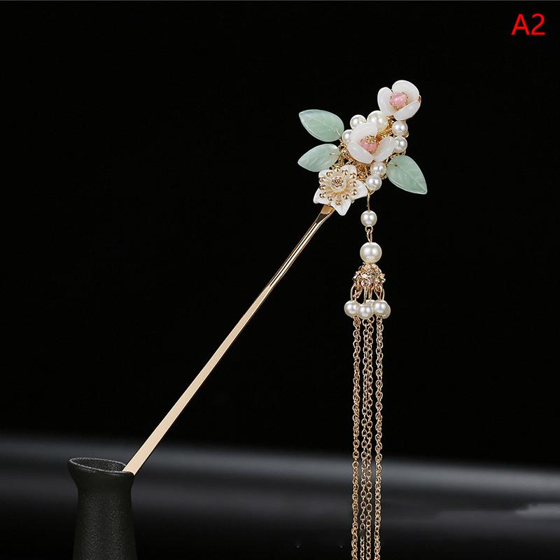 Retro Traditional Flowers Simulated Pearls Long Tassel Hairpins Hair Sti