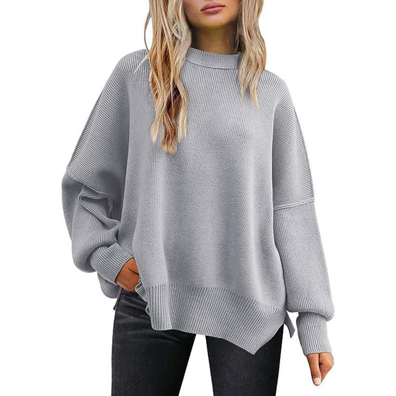 Модный свободный женский свитер с круглым вырезом, однотонный, с длинным рукавом, повседневный пуловер, свитера женские, осенний, вязаный трикотаж, зимняя женская одежда 25119