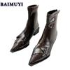 Женские ботильоны на среднем каблуке с острым носком, кожаные туфли, тренд зимы 2025 года, новые сексуальные массивные ботинки «Челси» для снега, модные туфли-лодочки Zapatos