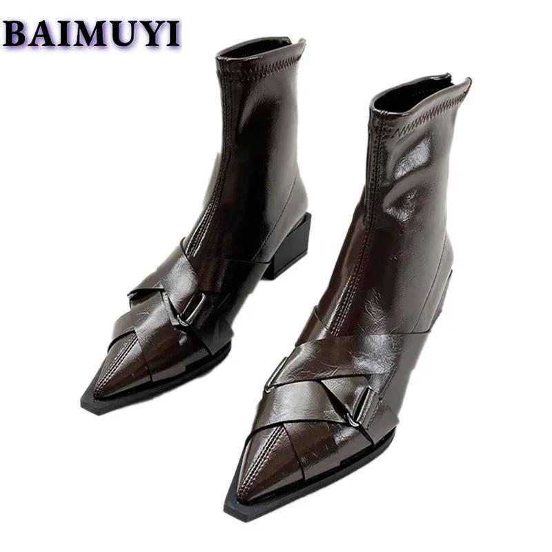 Женские ботильоны на среднем каблуке с острым носком, кожаные туфли, тренд зимы 2025 года, новые сексуальные массивные ботинки «Челси» для снега, модные туфли-лодочки Zapatos