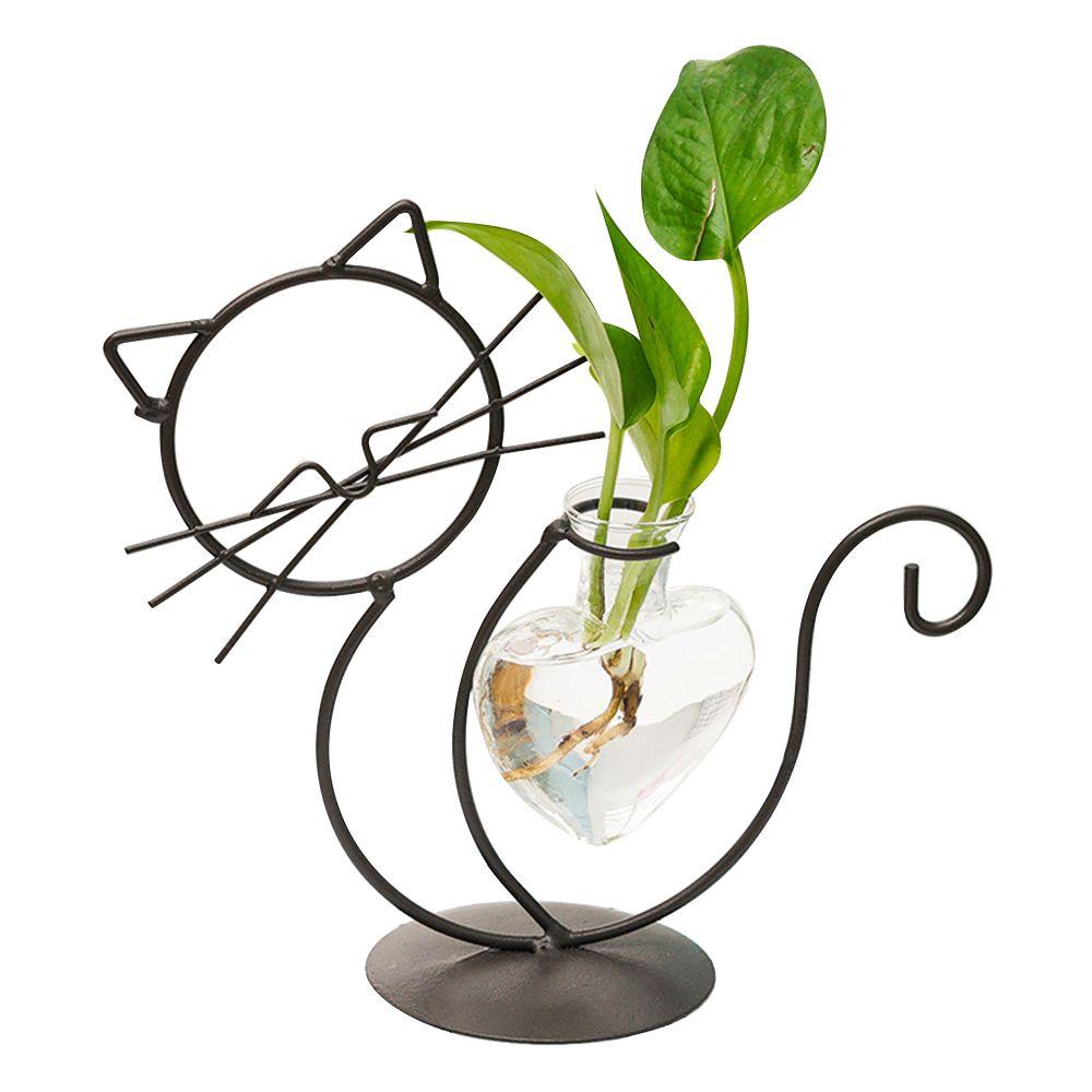 Simple Cat Iron Art Hydroponic Plant Vase Clear Glass Vase Plant Flower Pot Flower Arrangement