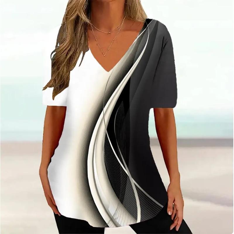 Plus Size Simple Women's T-shirt 3d Wave Curve Tee Fashion V-neck Summer Short Sleeve Loose Streetwear Female Clothes Casual Tshirt Ladies