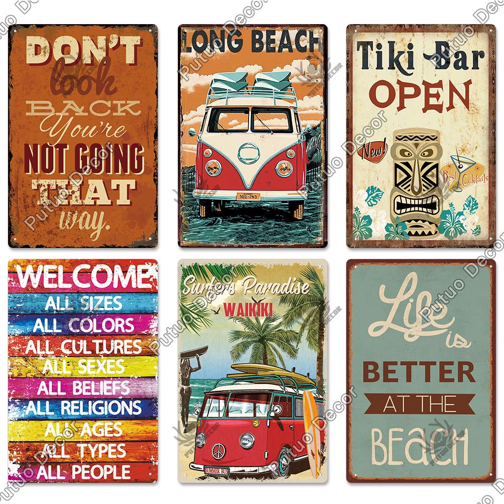 Decor Beach Vintage Plaque Metal Plate Retro Tin Signs Summer Wall Art Poster Seaside Tiki Bar House Room Iron Painting