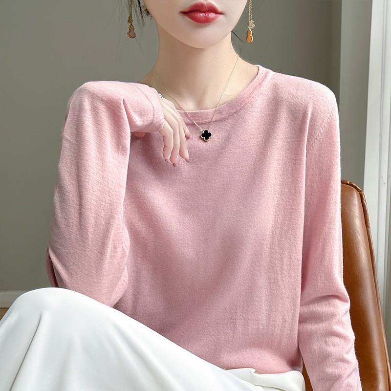 2026 Fall Thin Wool Blend Knit Sweater Round Neck Long Sleeve Loose Slim Fit Basic Top Women