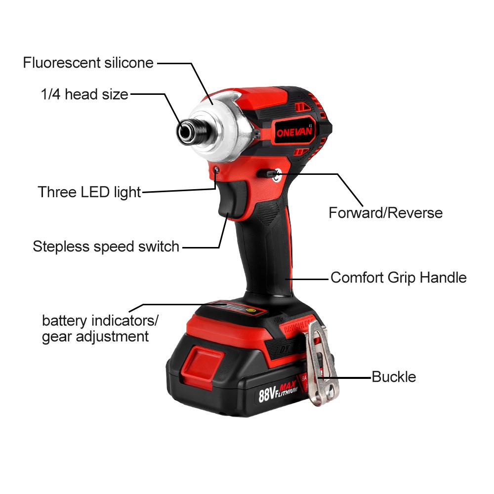 ONEVAN 588N.M Torque Brushless Electric Screwdriver 5 Speed  Cordless Impact Drill With 3 LED Light Battery For Makita 18V Tool