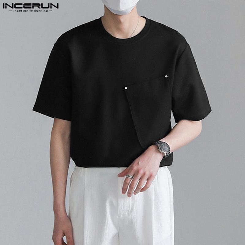 INCERUN Мужская дизайнерская простая однотонная футболка с короткими рукавами и большим карманом