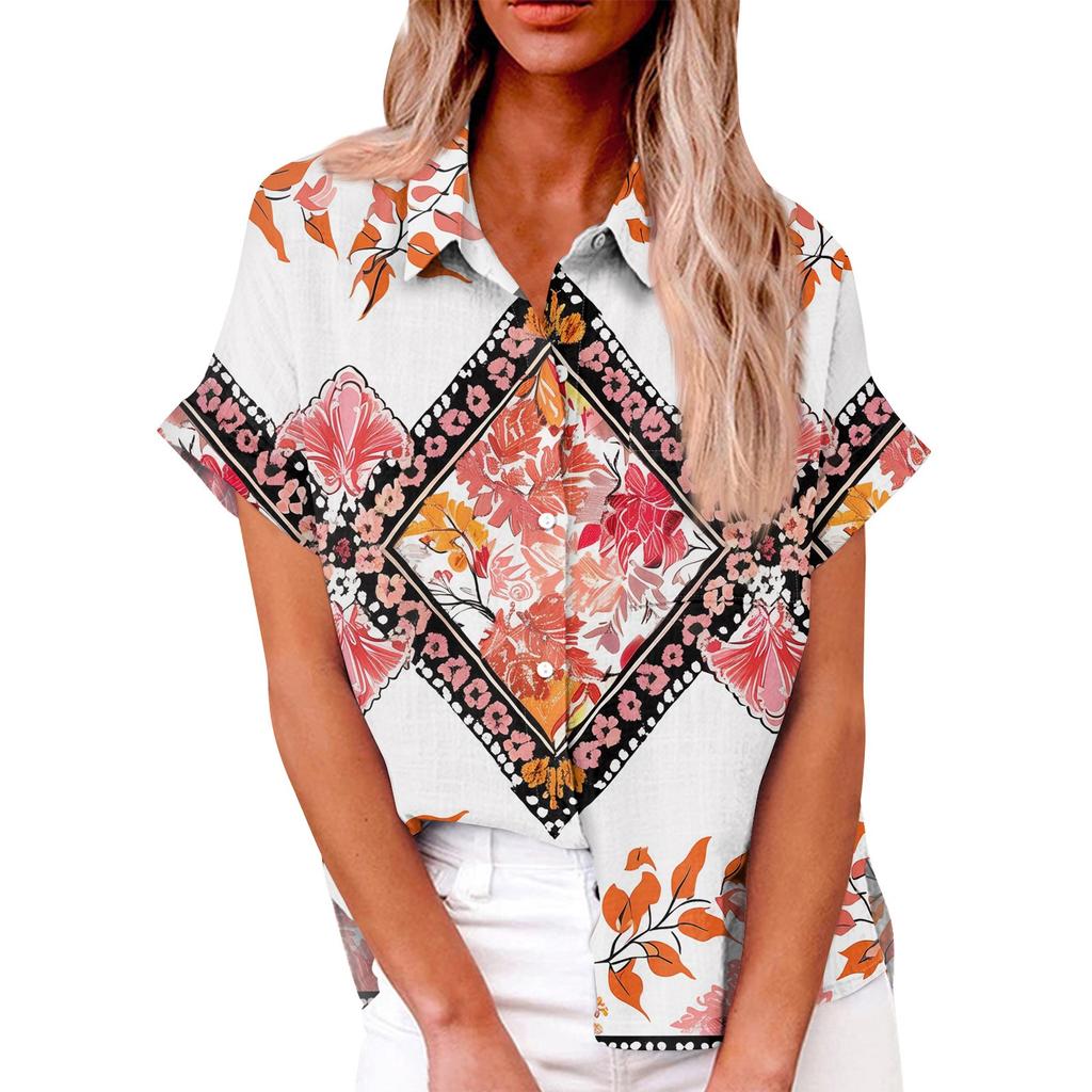 Женская модная свободная повседневная рубашка с коротким рукавом и отворотом на пуговицах, футболка с принтом, топ