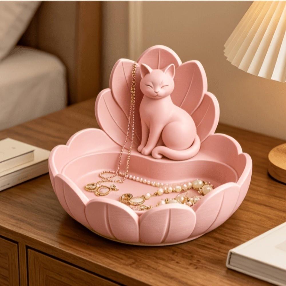 Lotus Shape Trinket Dish Cute Cat Figurine Holder Fashion Desktop Organizer Bedroom Decor