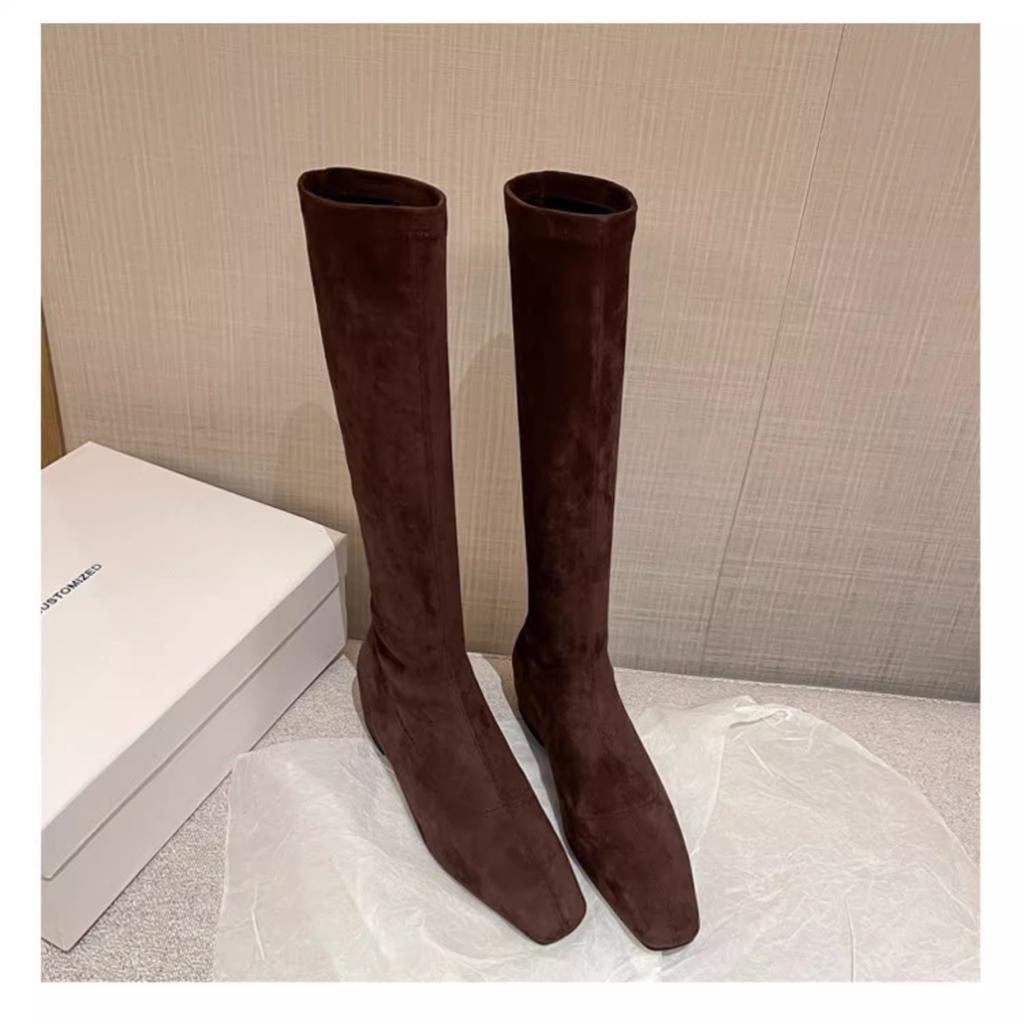 Ботильоны на плоской подошве, замшевые теплые высокие сапоги с квадратным носком, женская обувь, зимняя брендовая повседневная обувь 2025 года, трендовые зимние сапоги на низком каблуке Mujer Zapatos