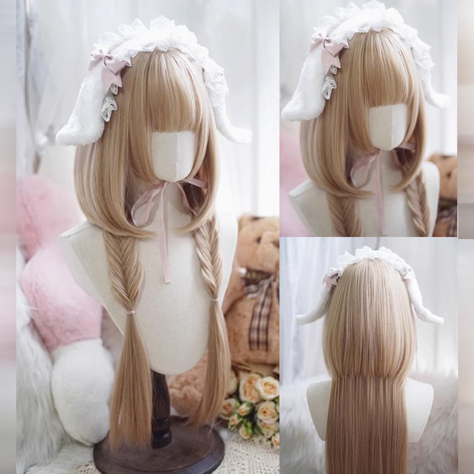 WTB Synthetic Lolita Wig Female Layered Milk Tea Blonde Long Straight Hair With Bangs Christmas Cosplay Party Wig