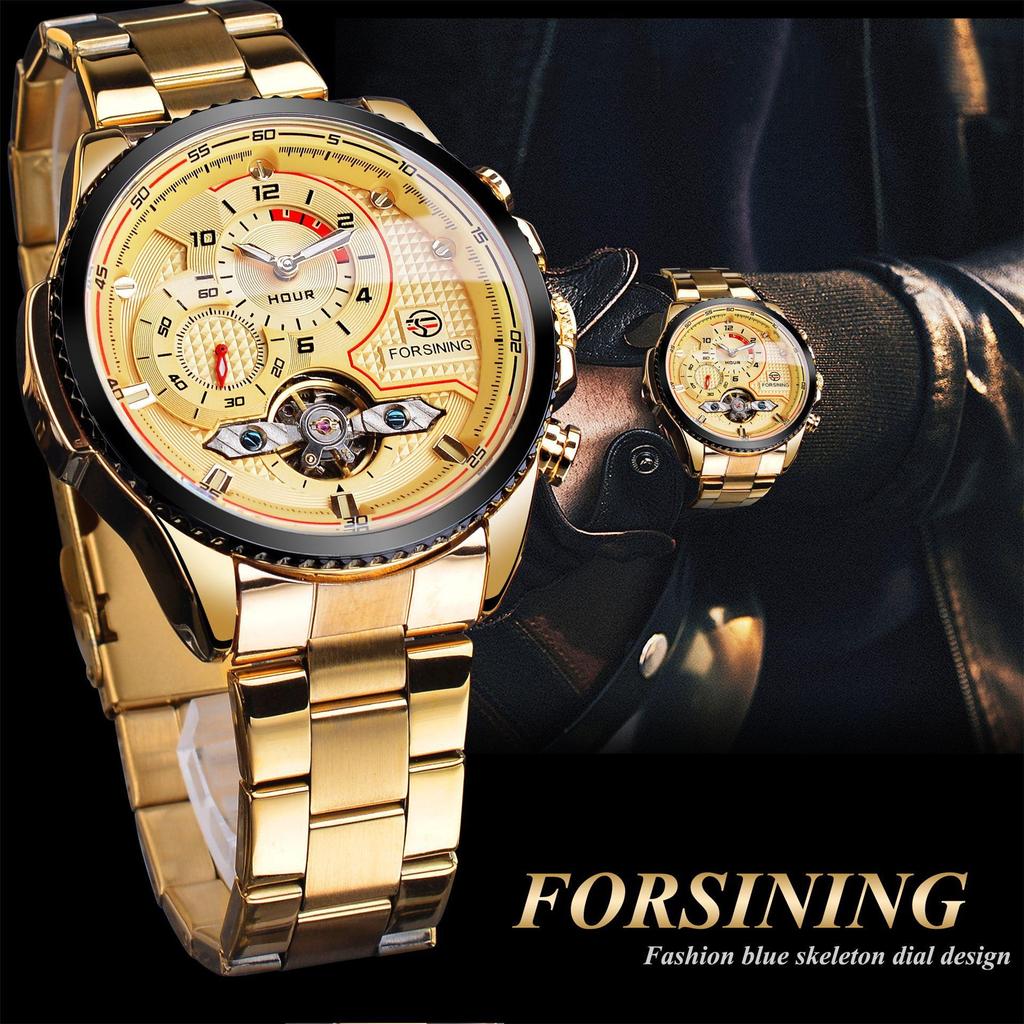 Forsining Мужские автоматические часы из нержавеющей стали, водонепроницаемые наручные часы, турбийон, механические с автоподзаводом, наручные часы с бриллиантовым циферблатом