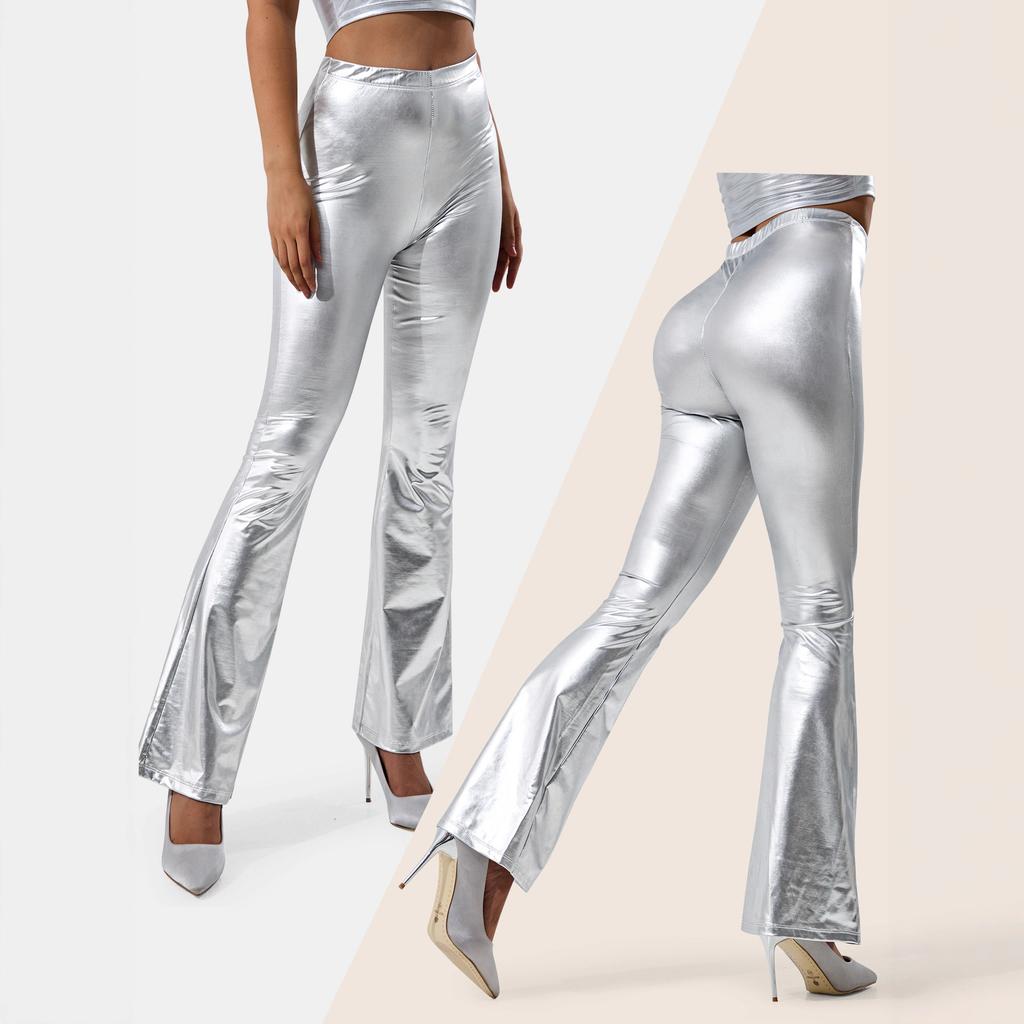 Женские укороченные брюки с золотым тиснением, трендовые повседневные серебристые расклешенные длинные брюки