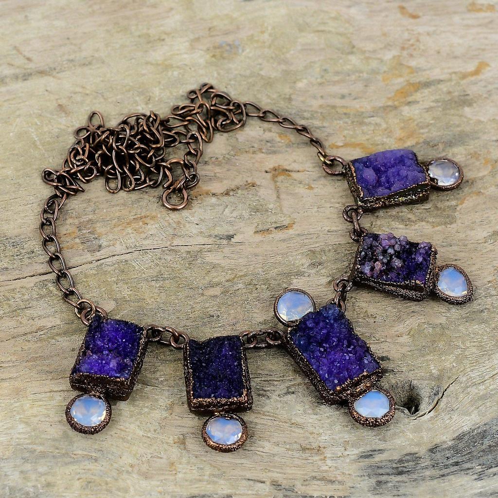 Purple Druzy Gemstone Necklace Electroformed Copper Necklace Adjustable Chain Necklace Handmade Electroformed Jewelry Milky Opal Necklace