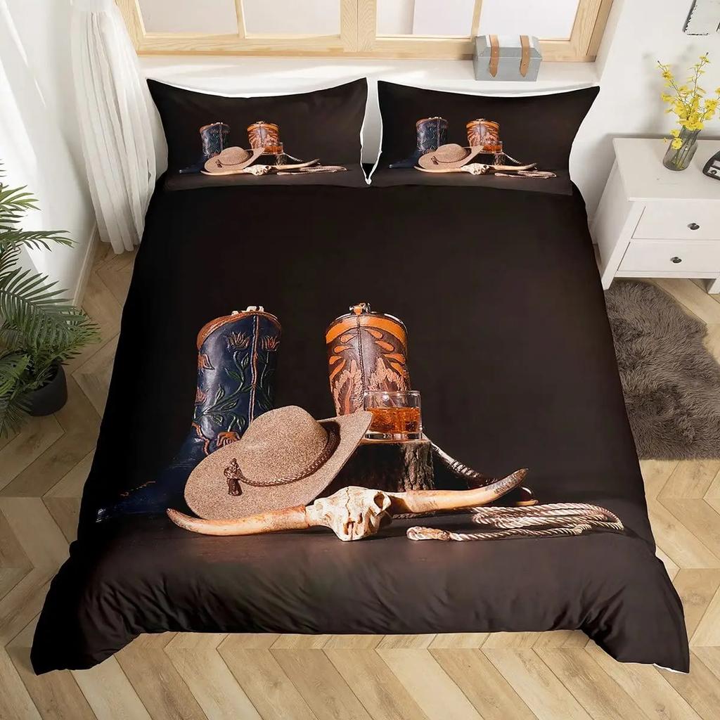 Western Cowboy Duvet Cover Set Twin Size,Horseshoe Stars Cowboy Hat Pattern Comforter Cover Rustic Vintage Southwest Bedding Set