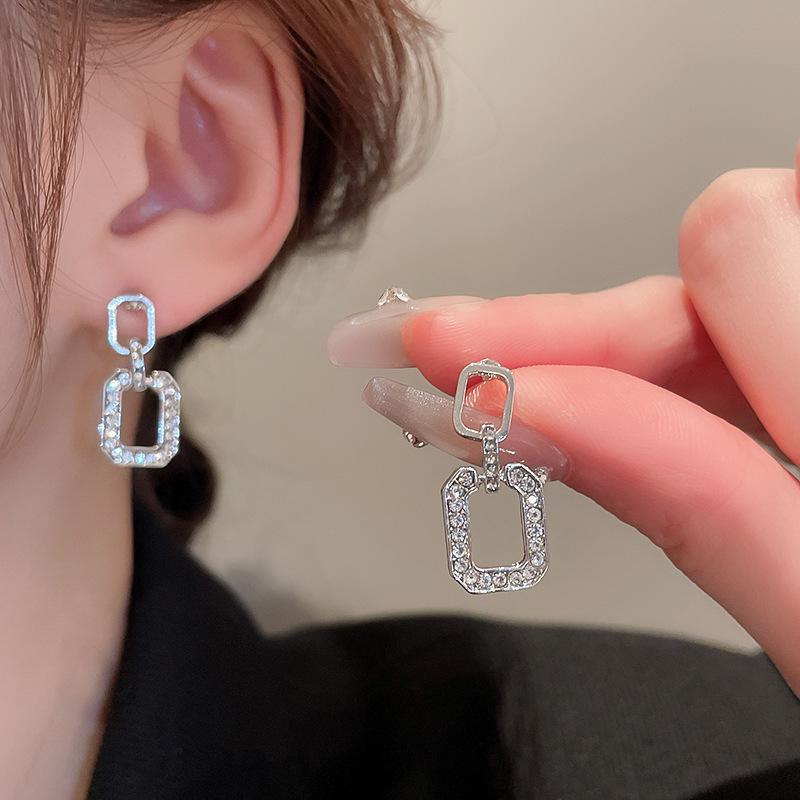 Diamond-Studded Geometric Silver Needle Earrings - Minimalist French Luxury for Women