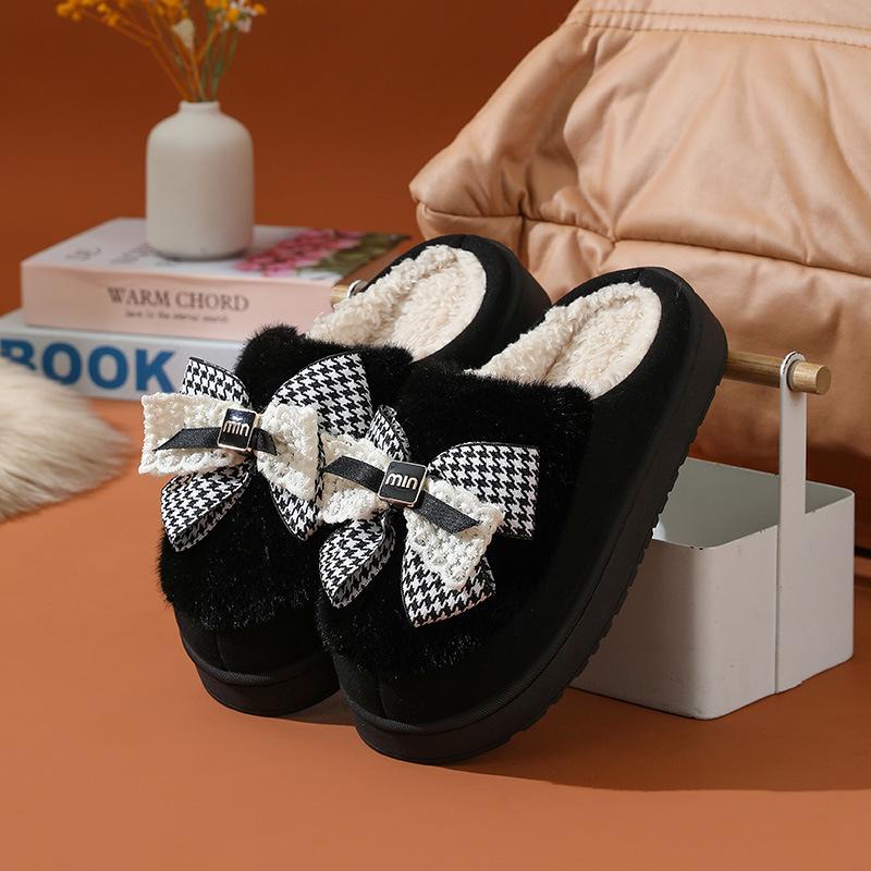 Bow Cotton Slippers Winter Indoor Home Thick Bottom Warm Cute Plush Household Cotton Mop