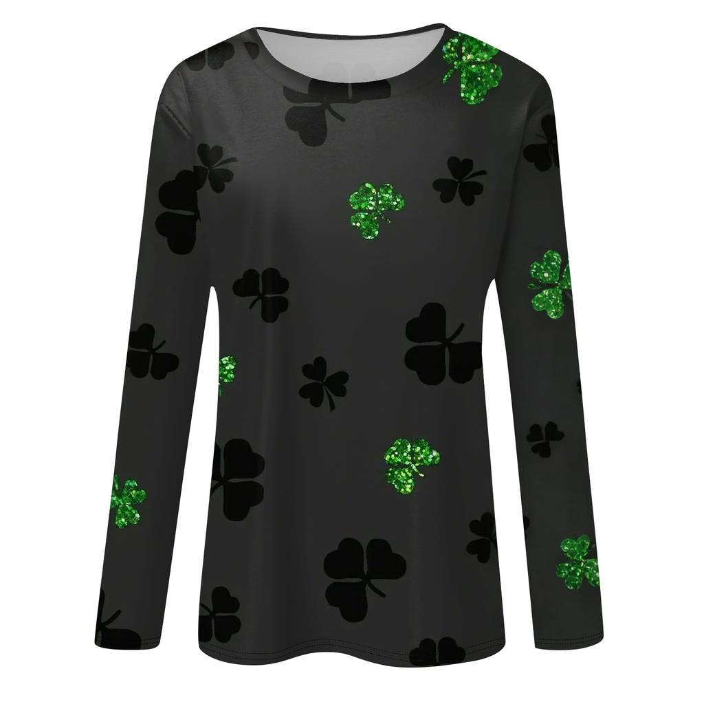 Женская повседневная повседневная рубашка с длинным рукавом. Топ с круглым вырезом и принтом ко Дню Святого Патрика