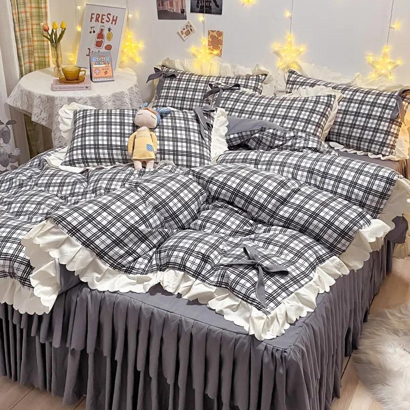 4pcs/set Cute Brushed Double Layer Lace Bed Skirt Bow Bedspread Bed Sheet Bedding Set Korean Version Girl Quilt Cover Four Piece Set