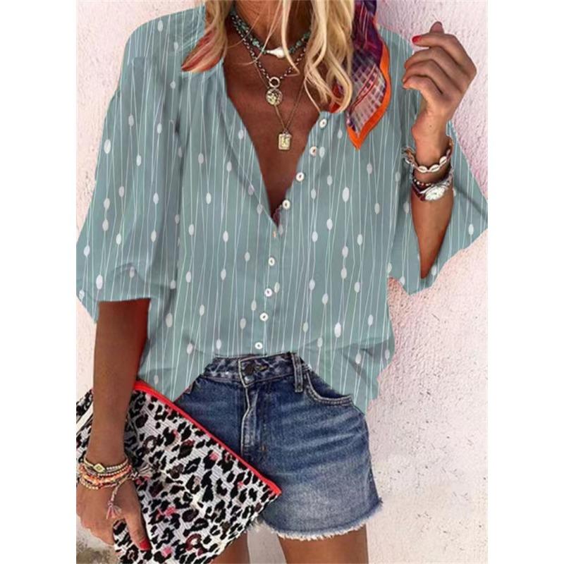 Летняя мода Стойка воротник Свободный крой На пуговицах Ретро принт Повседневные Рукава семь восьмых Женские блузки и рубашки