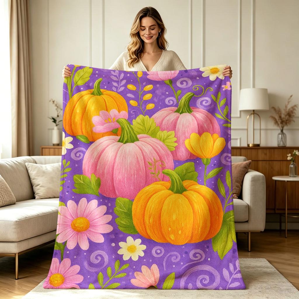 All Season Flannel Blanket with Pumpkin Floral Print Soft Warm Throw Blanket for Sofa Couch Bed Office Home Decor