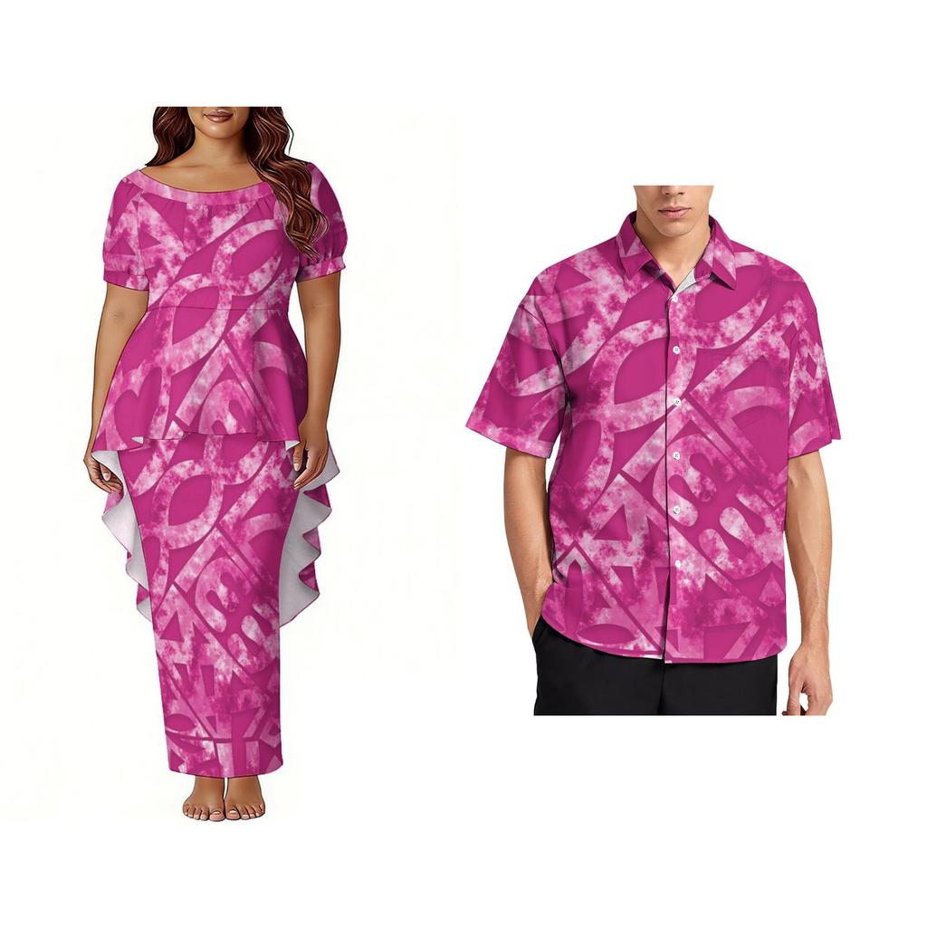 Custom Polynesian Bubble Short Sleeve Long Dress Lady Puletasi Dress Match Plus Size Men Stiff Neck Shirt Sets off Couples 2pcs