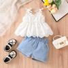Girls Sweet Set Summer Children Hollow Lace White Halter Top Fashion Trend Jeans Set