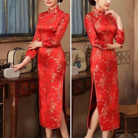 Женское классическое китайское платье в китайском стиле с винтажным цветочным принтом и воротником-стойкой с длинным рукавом и разрезом по щиколотку, платье макси Qipao Cheongsam