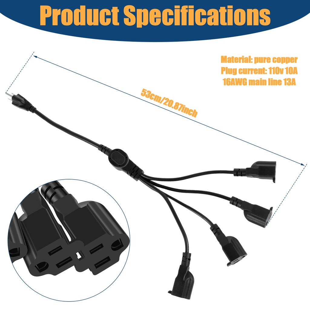 3 Prong Extension Cord Splitter Versatile 4-Outlet Cord Splitter Protective Outlet Splitter 3 Prong Extension Cord for Home2025