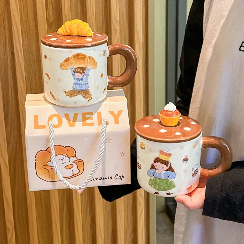 Милая кружка для торта фуфу с молоком, ретро керамическая чашка с крышкой, подарок на день рождения для девушки, сувенир для подруги