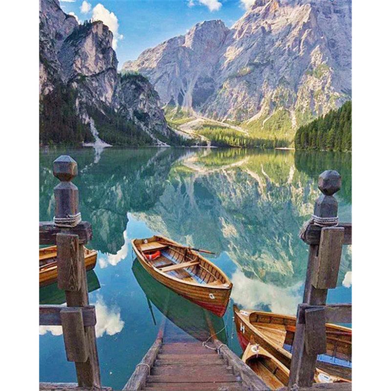 Full Round Drill DIY Diamond Painting Boat Full Round Drill Lake Scenery Embroidery Cross Stitch Home Decor Gift