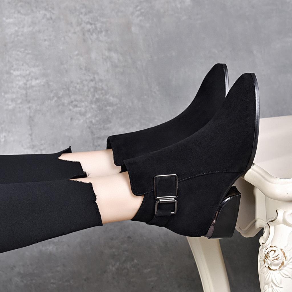 Fashion Boots Women's Boots 2025 Autumn and Winter New European and American Style Pointed Square Buckle Thick Heel Leather Boots Three Height Ankl