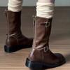 Модная дизайнерская женская обувь 2024 года, осень-зима, новые женские сапоги на платформе, классические коричневые сапоги с круглым носком, британские женские сапоги до середины голени