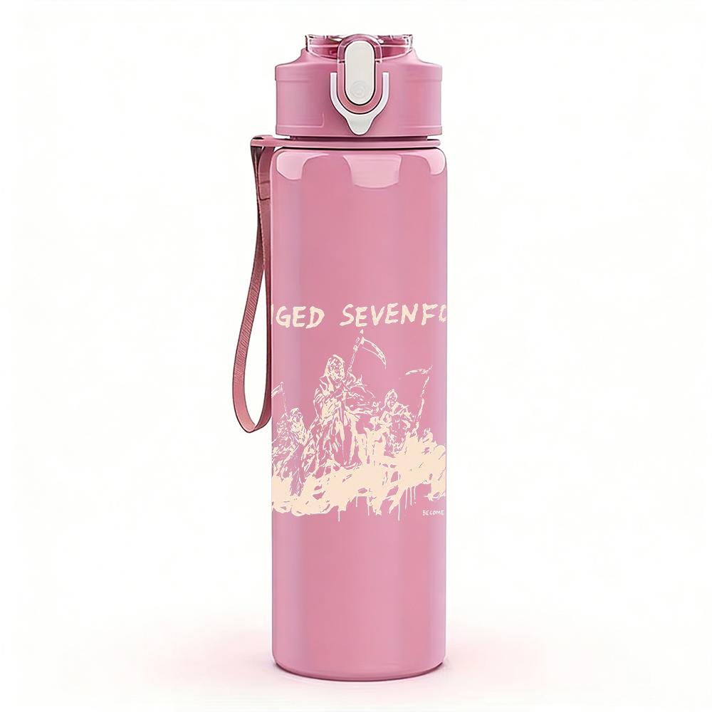 1PC Faint pale band text sketch print 750ml colorful plastic sports water bottle leakproof pop up lid with straw for outdoor work home use