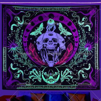 Гобелен Хиппи Череп Под Ультрафиолетом Реагирующий на УФ Свет Хэллоуин Скелет Гобелен Неоновое Свечение в Темноте Настенный Декор Эстетика Комнаты