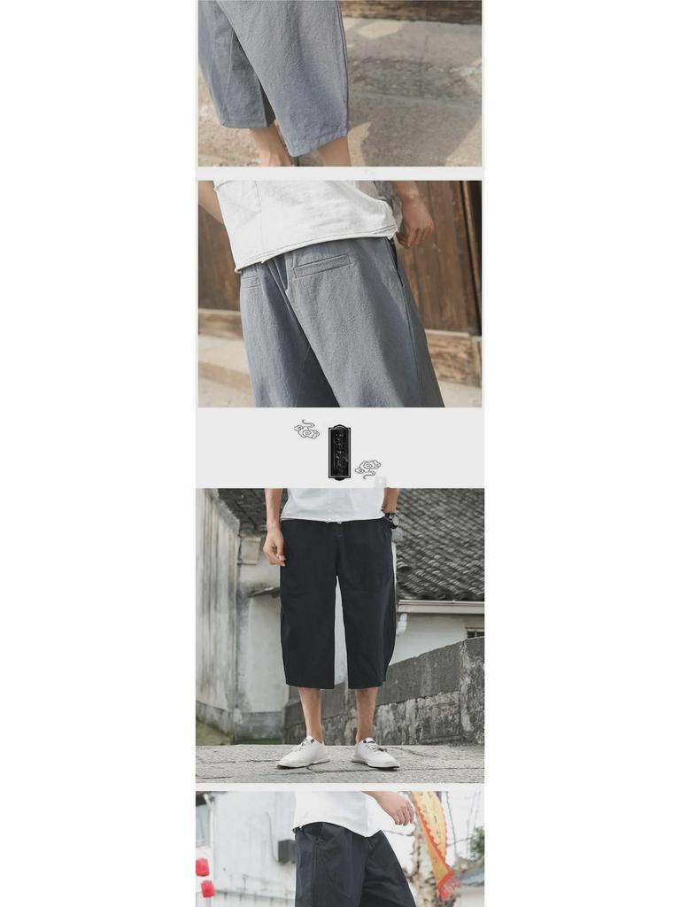 Мужские укороченные брюки широкого кроя из серого хлопка и льна в китайском стиле - летние, свободного кроя, большого размера