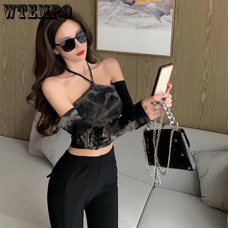WTEMPO Spring Summer Black Tie Dyed Long Sleeve T-Shirts Women Casual Slim Off Shoulder Halter Short V-Neck Tops