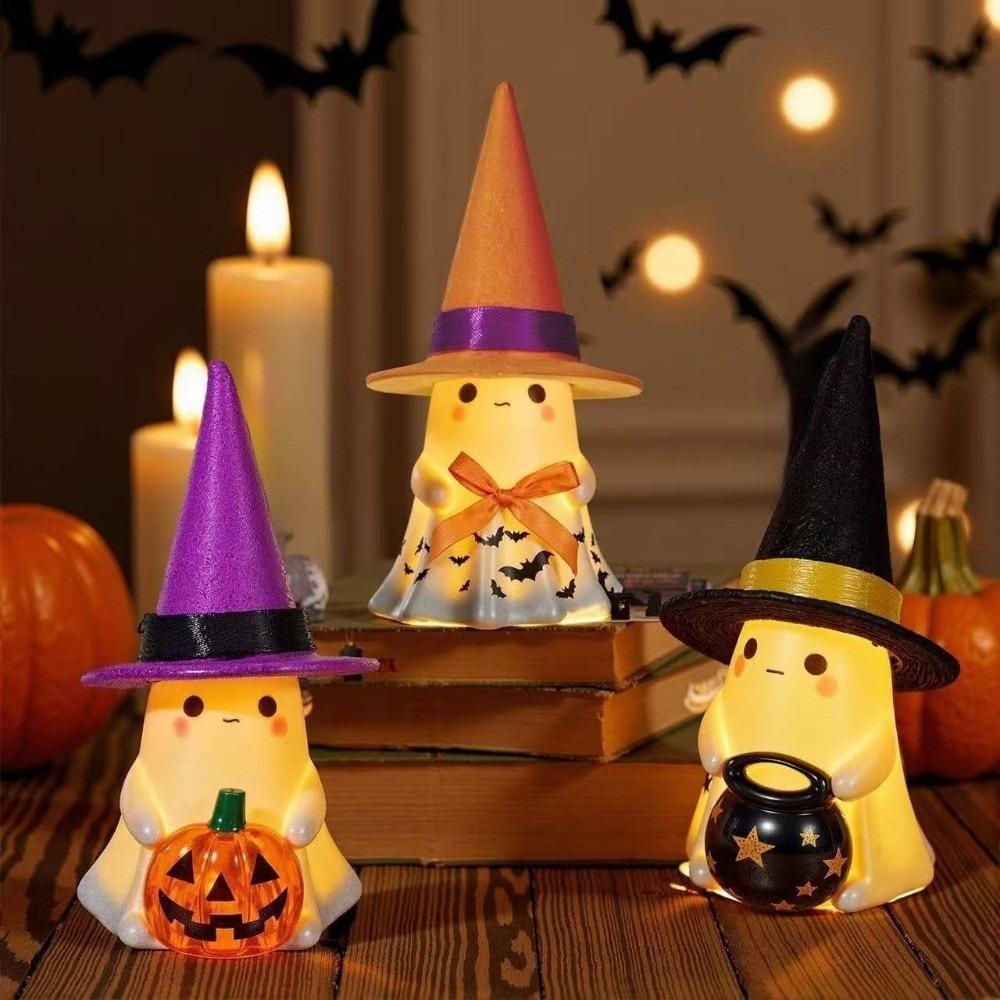 Button Cell Battery Operated Halloween LED Decor Warm Light Glowing Ghost Statue Desktop Setup
