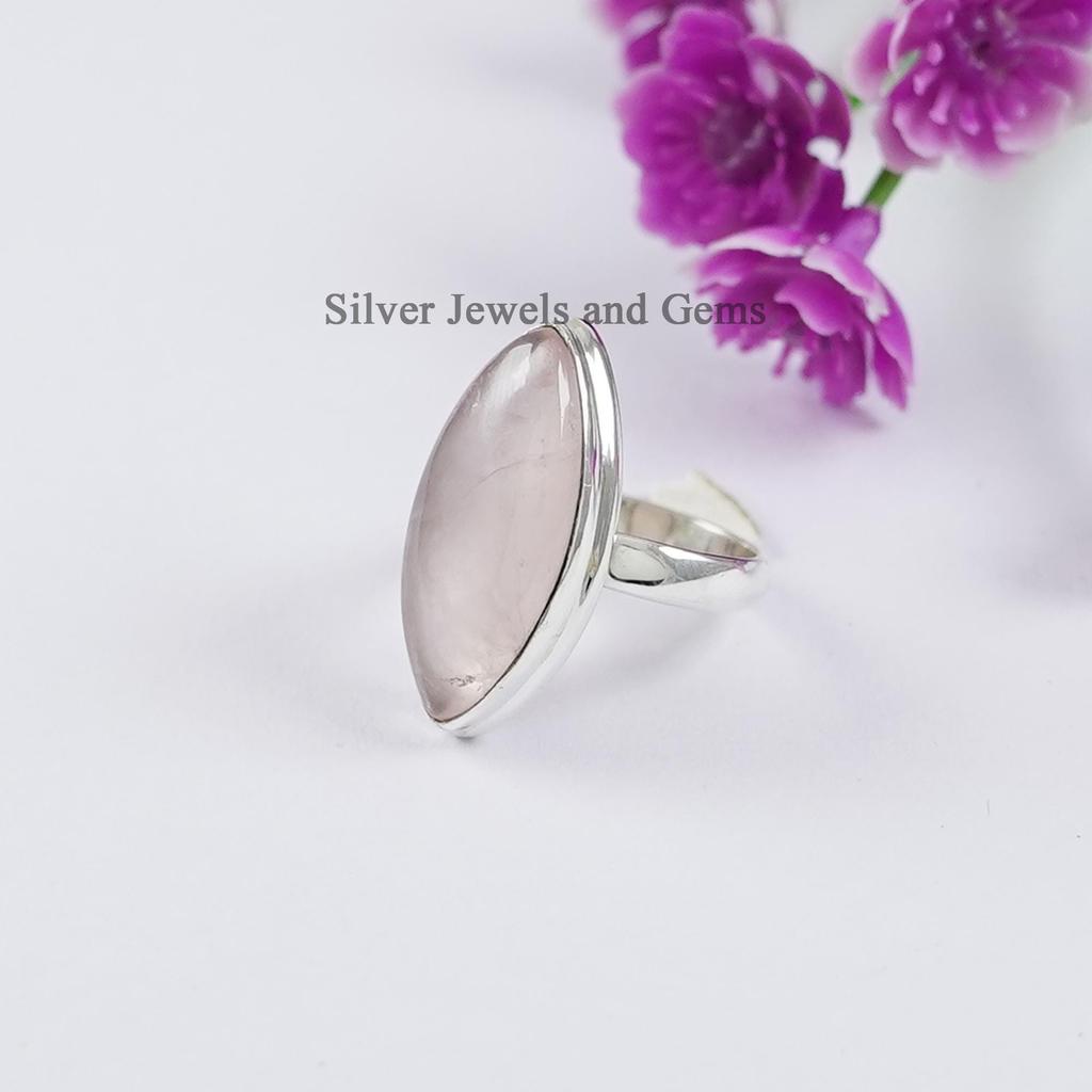 Marquise Rose Quartz Ring, 925 Sterling Silver, Capricorn Birthstone