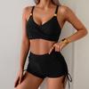 Women's New Solid Color Push Up Boxers High Waisted Drawstring Bikini Two Piece Swimsuit
