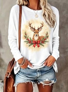 Women Long Sleeve T‑Shirt Christmas Teddy Bear With Scarf Watercolor Print Crew Neck Loose Casual Holiday Blouse Tops